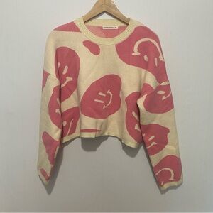 Moon & Madison Cropped Sweater Medium Pink Smiley Face Knit Long Sleeve Feminine